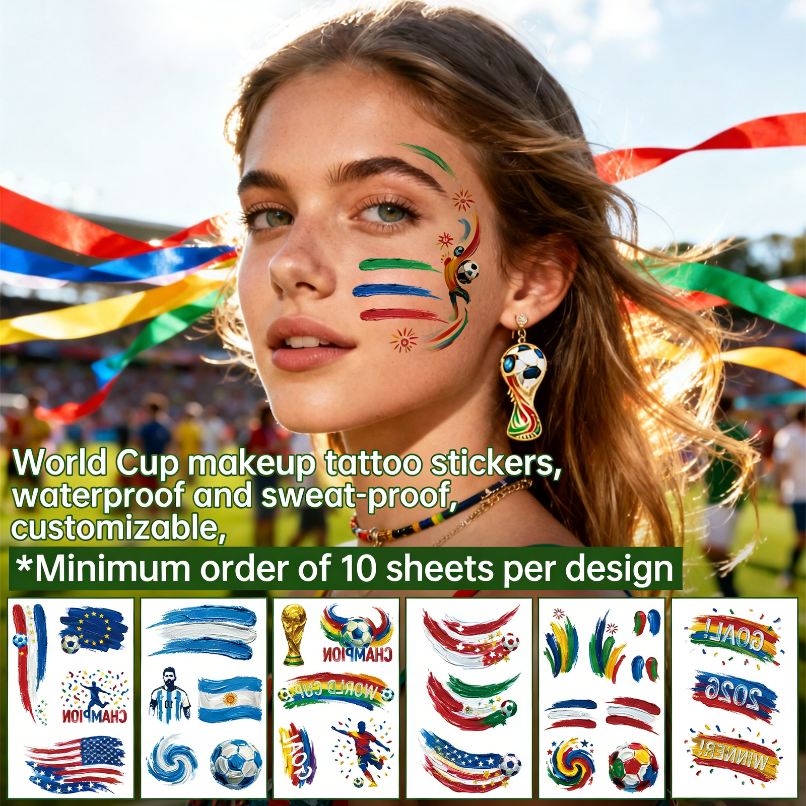 10pcs football tattoo sticker, sports event, club activity, world cup, fan, cartoon makeup, face sticker